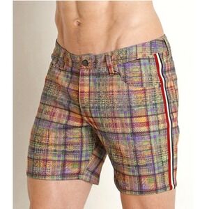 St33le plaid stretch jean shorts beige plum with contrast side tape size 30"